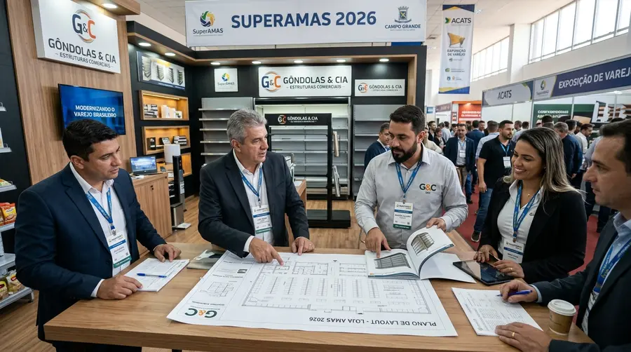 Executivos do varejo e supermercadistas em reunião sobre plantas e layout de gôndolas de aço no balanço final da SuperAMAS 2026 em Campo Grande MS