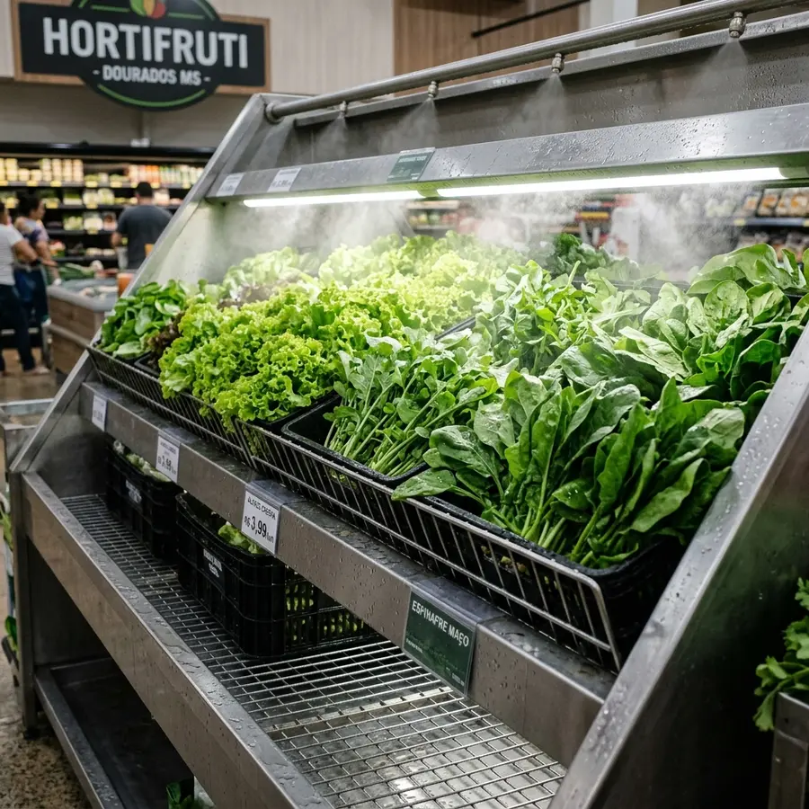 Detalhe aproximado de hortaliças frescas sobre grelha perfurada de inox com névoa fina de nebulizador ultrassônico e calha inferior de drenagem em Dourados MS