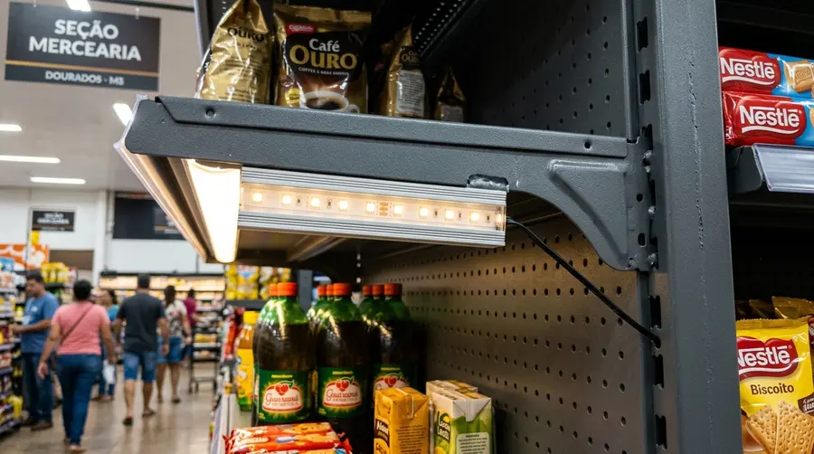 Detalhe de perfil de alumínio extrudado com fita LED 24V DC embutida sob bandeja de gôndola metálica em Dourados MS
