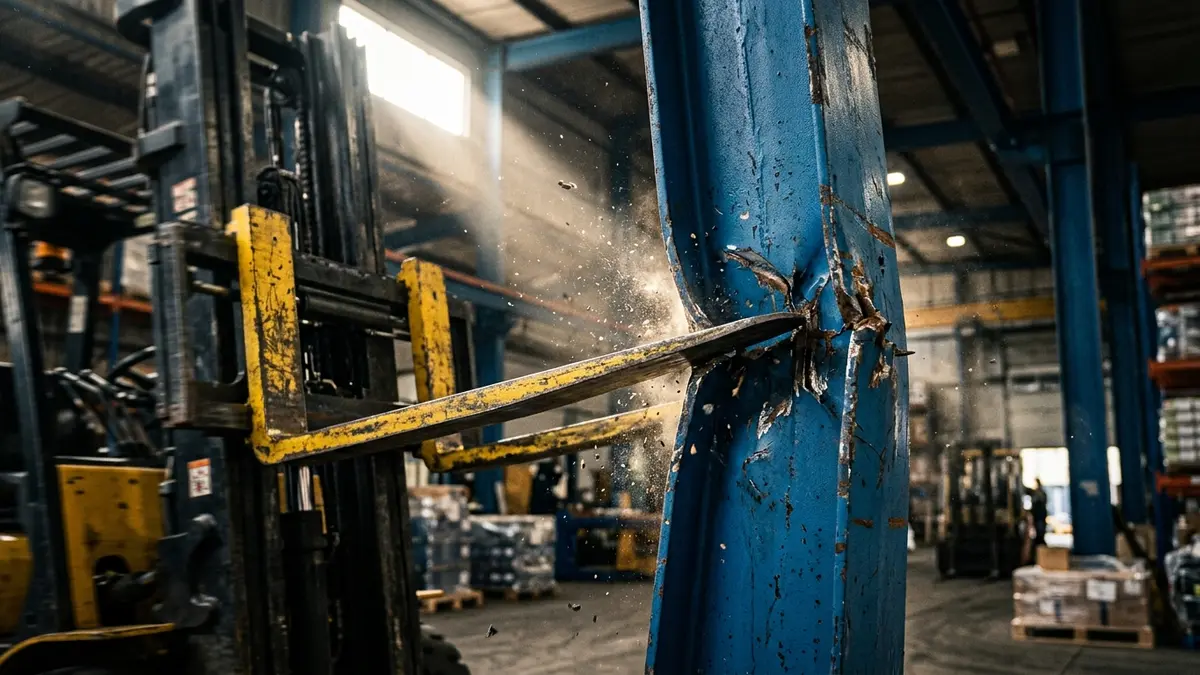 Estruturas metálicas de armazenamento pesadas caídas de forma desordenada em um pátio industrial, ilustrando o resultado de um colapso estrutural.