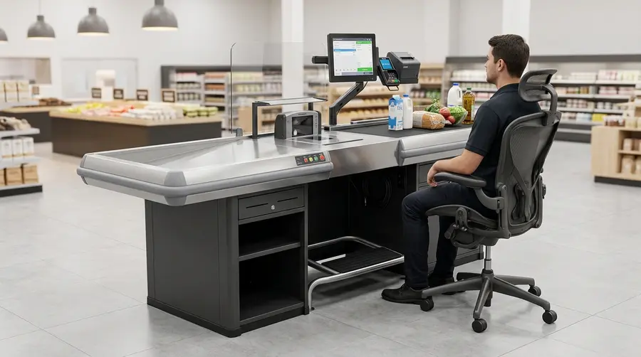 Módulo de checkout ergonômico para supermercado em Mato Grosso do Sul com tampo em aço inox AISI 304, esteira motorizada, leitor bióptico embutido e cadeira regulável conforme Anexo I da NR-17