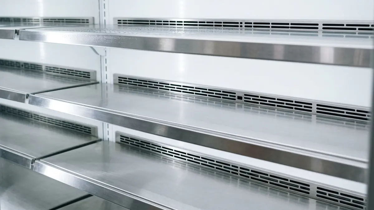 Técnico de refrigeração medindo a velocidade do fluxo de ar na cortina de ar de uma gôndola refrigerada vertical usando um anemômetro digital.
