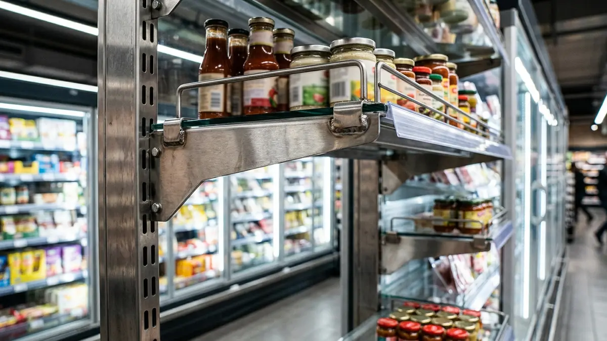 Detalhe do perfil de aço inoxidável AISI 304 escovado de uma gôndola refrigerada autoportante, mostrando os pés niveladores robustos rosqueados diretamente na base metálica.