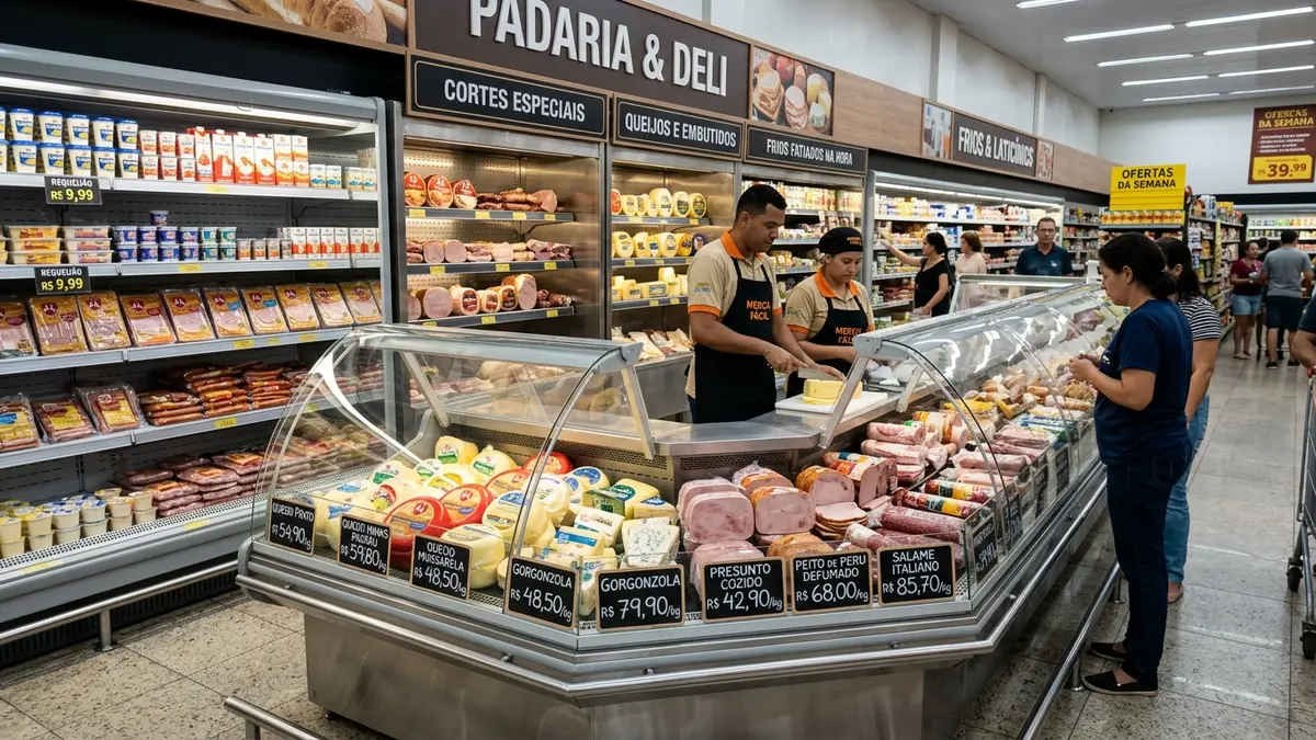 Gôndolas refrigeradas de aço inoxidável em uma fiambreria moderna em Campo Grande MS, exibindo frios e laticínios sob iluminação LED uniforme e cortina de ar frio.