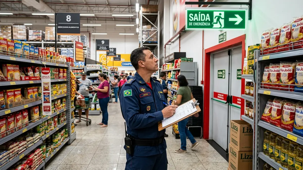 Bombeiro fardado com prancheta realizando vistoria de rota de fuga de emergência entre gôndolas de supermercado no MS.