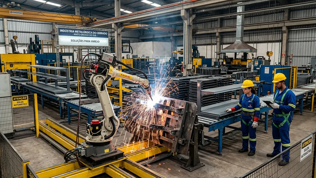 Operadores industriais com EPIs inspecionando braços metálicos de gôndolas soldados por robô de solda FANUC em fábrica.