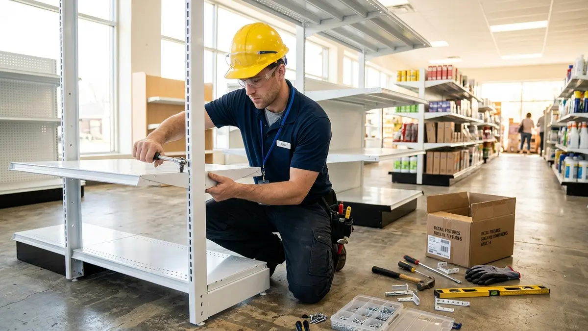 Trabalhador com capacete e ferramentas montando uma estrutura de gôndola comercial branca de aço em um salão de vendas iluminado por luz do dia.