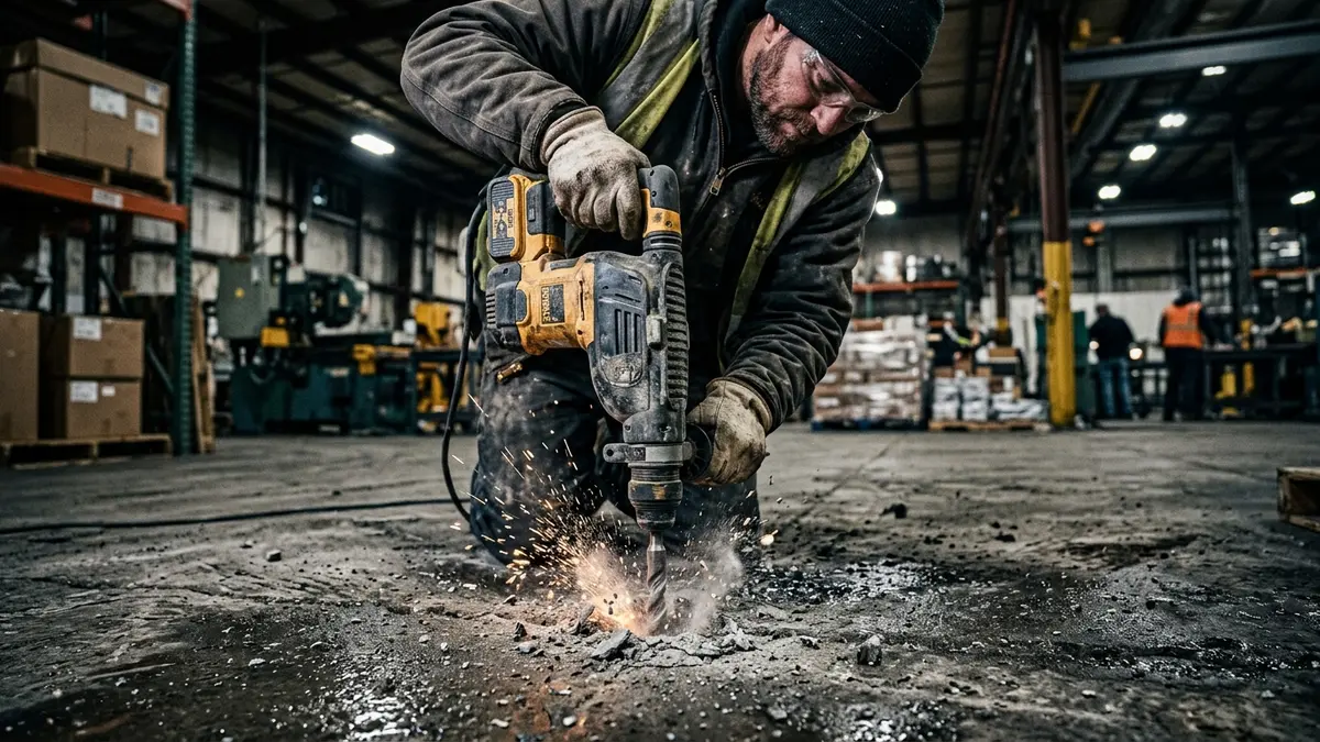 Operário utilizando perfuratriz de solo pesada com broca de impacto para perfurar o piso de concreto espesso do galpão comercial durante obras de retrofit estrutural.