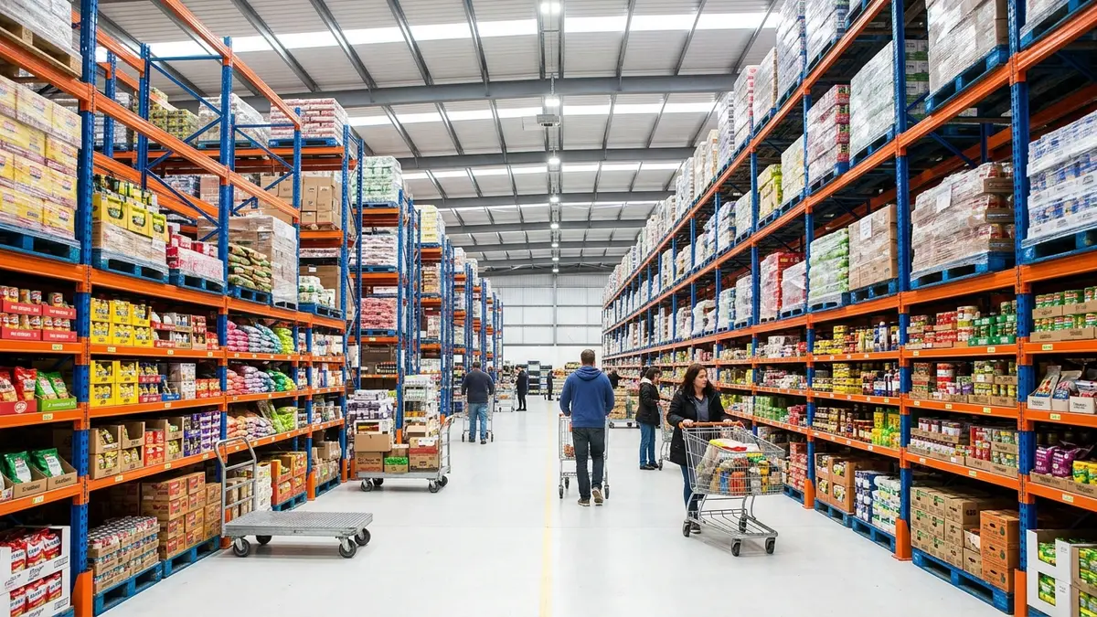Interior amplo de um atacarejo moderno em Campo Grande com prateleiras metálicas de porta-paletes altas em laranja e azul carregadas de produtos sob luz de LED.