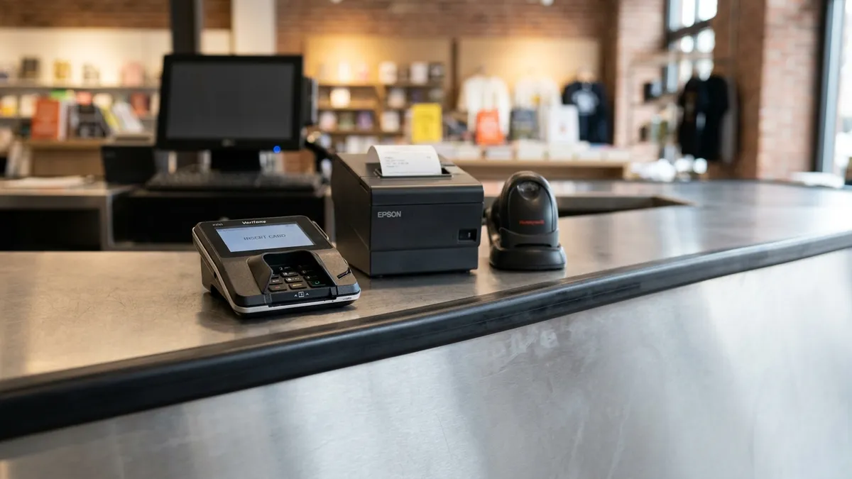 Perfil em linha reta de um balcão de atendimento ergonômico moderno de checkout em aço inoxidável fosco e borda de borracha preta.