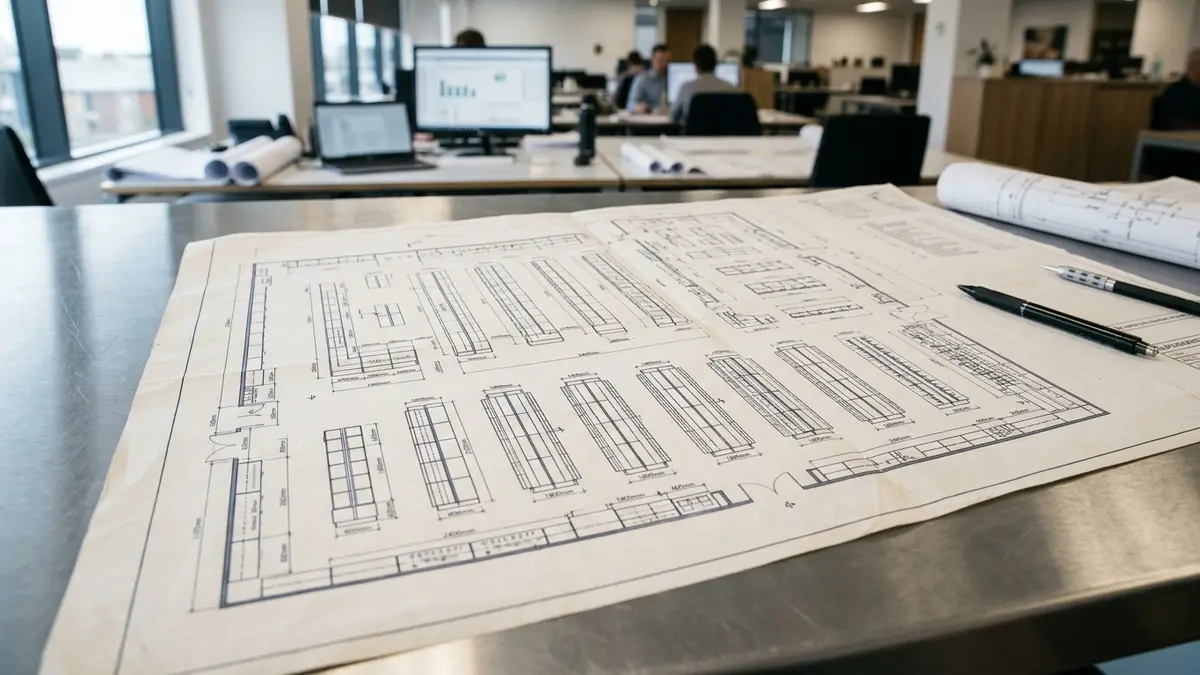 Planta baixa de engenharia e diagramas de layout de gôndolas e prateleiras comerciais sobre mesa de trabalho em escritório industrial.
