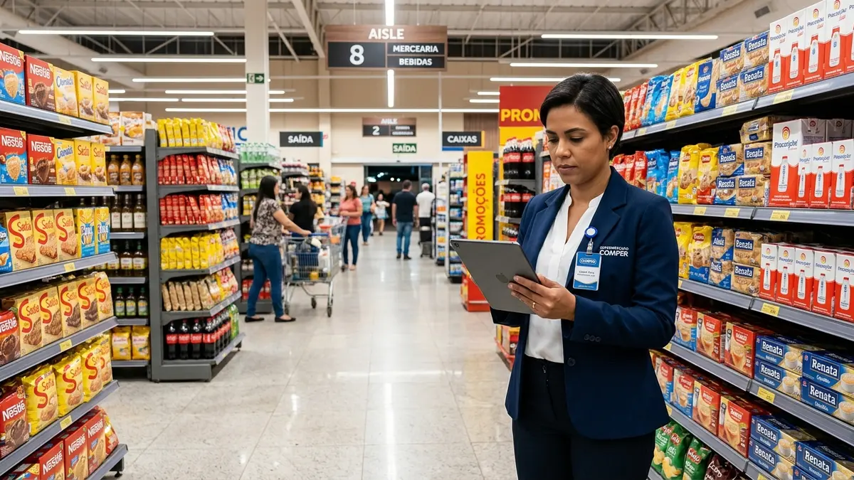 Corredor amplo de supermercado com prateleiras metálicas brancas e gerente analisando o layout físico da loja em Campo Grande, MS.