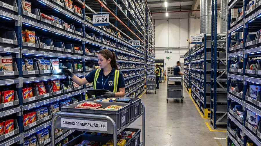 Operação de picking e-commerce em dark store com mini porta-paletes e iluminação LED de alta densidade em Campo Grande MS