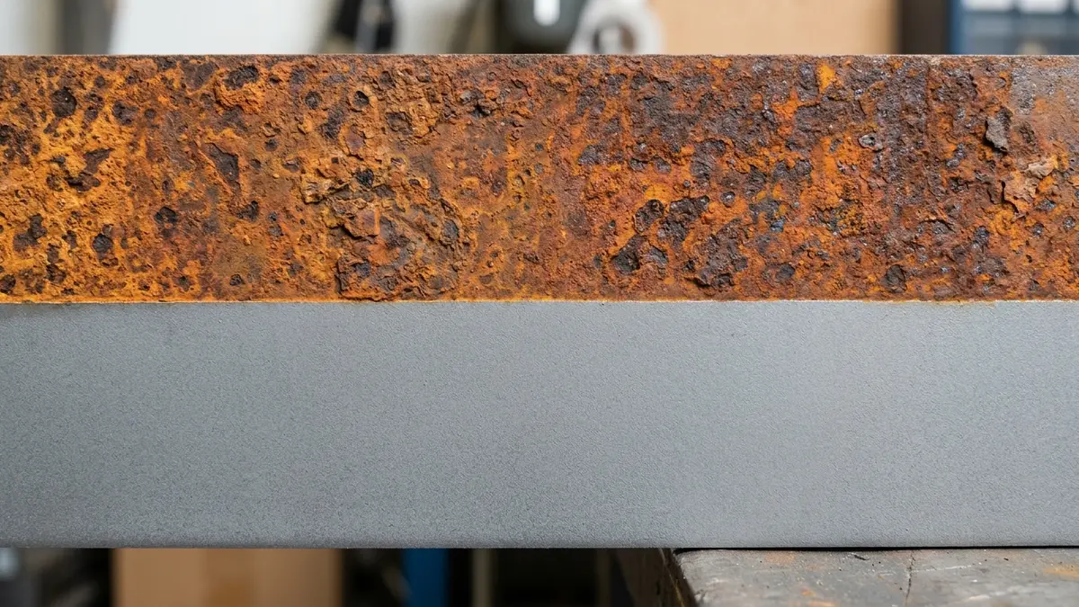 Pé de coluna de aço carbono apresentando pontos de ferrugem amarela e descascamento de pintura.