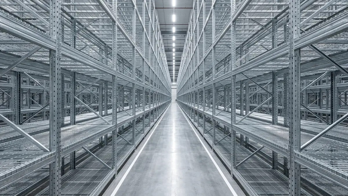 Corredor interno de Dark Store isolada, com prateleiras de picking de alta densidade cinzas organizadas com caixas azuis.