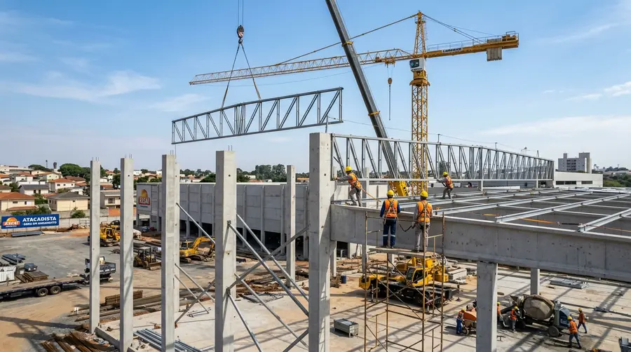 Montagem correta de estrutura pré-moldada de supermercado com guindaste içando treliça metálica e trabalhadores com equipamentos de segurança completos