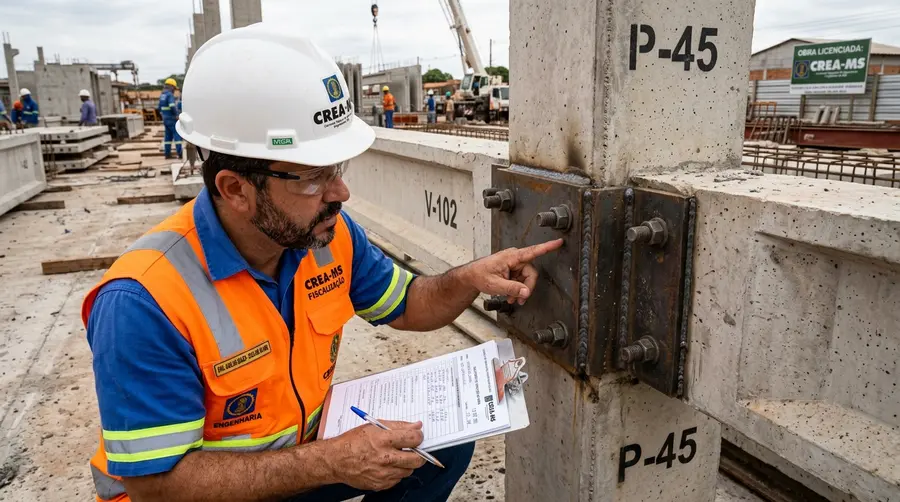 Engenheiro fiscal do CREA-MS inspecionando ligação parafusada entre pilar e viga pré-moldada em canteiro de obras