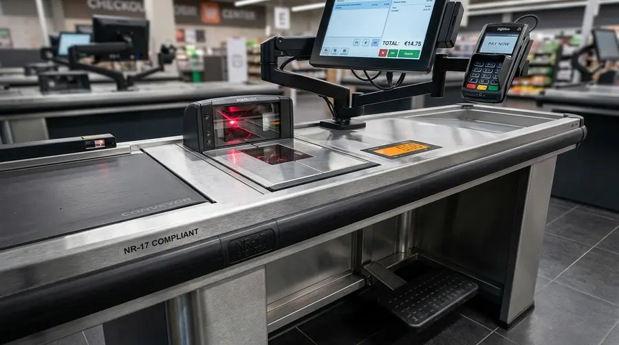 Macro de engenharia de checkout ergonômico sob o Anexo I da NR-17 mostrando tampo em aço inox AISI 304, leitor bióptico nivelado, esteira motorizada e apoio para pés em Campo Grande MS