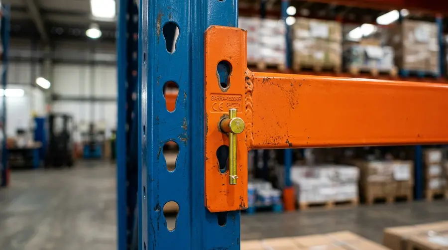 Detalhe técnico de conector de garra quádrupla e pino de segurança zincado de longarina em montante de porta-paletes industrial NBR 15524