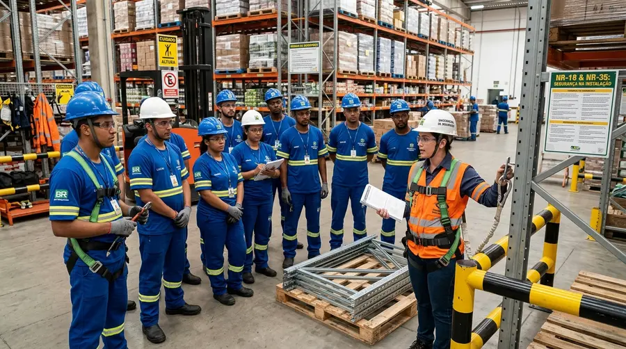 Treinamento de integração de segurança ocupacional NR-18 e NR-35 realizado com montadores de gôndolas e porta-paletes em ambiente industrial