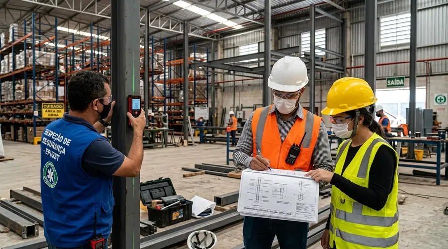Engenheiros calculistas e técnicos de segurança inspecionando projeto estrutural e prumo de estruturas metálicas de armazenagem comercial