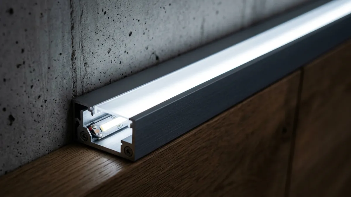 Fita contínua de micro-LEDs de luz branca fria acesos de forma uniforme sob um perfil refletor de alumínio anodizado.