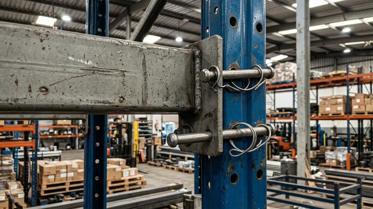 Detalhe do encaixe mecânico de uma viga de aço laranja em uma coluna azul de um sistema de armazenagem comercial, mostrando o pino de trava de segurança física de aço.