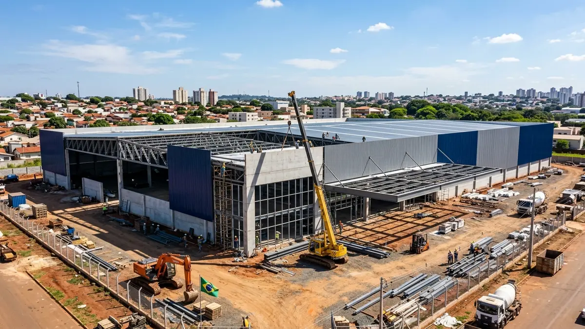 Fachada externa em construção de um grande supermercado moderno de atacarejo no bairro Tiradentes em Campo Grande MS, mostrando estruturas de aço sob luz solar intensa do Cerrado.