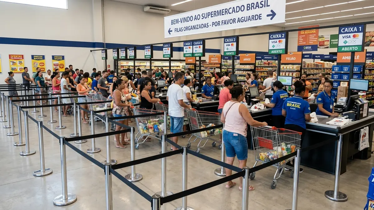 Supermercado com corredor de caixas bem sinalizado e espaçamento adequado para circulação segura de carrinhos e pedestres.