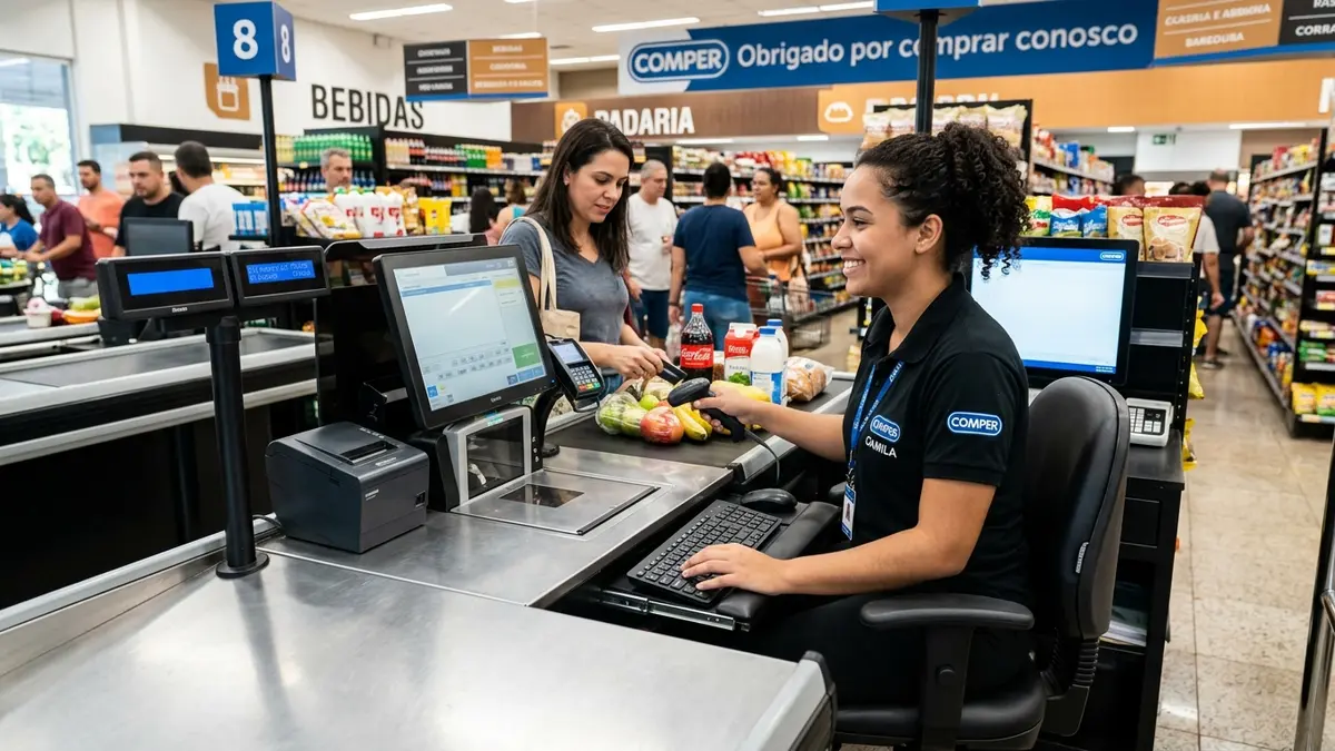 Operadora de caixa de supermercado trabalhando de forma confortável em balcão de checkout ergonômico em Campo Grande MS.