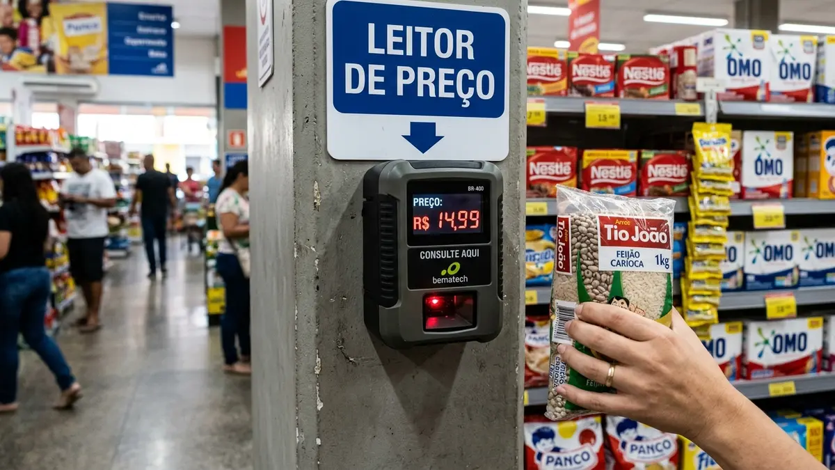 Cliente em um supermercado de Campo Grande MS utilizando um leitor de código de barras óptico de consulta rápida posicionado no corredor.