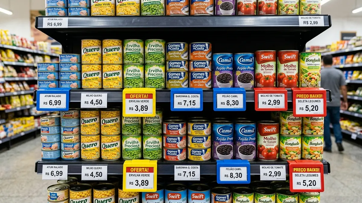 Corredor de supermercado moderno no MS com gôndolas brancas perfeitamente precificadas com calhas plásticas azuis e etiquetas legíveis.