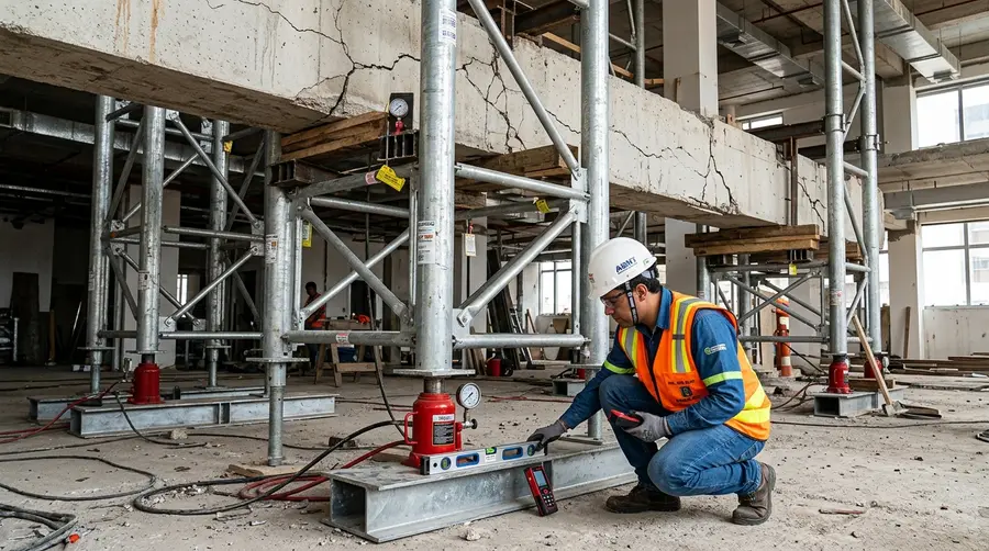 Engenheiro inspecionando escoramento metálico pesado com torres tubulares e macacos hidráulicos para sustentar vigas de concreto avariadas