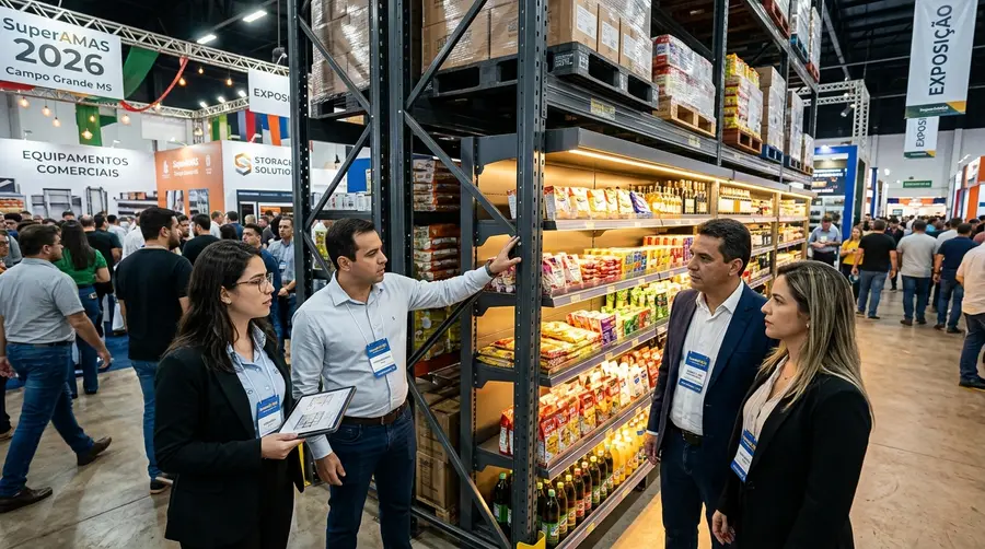 Engenheiros e varejistas de MS inspecionando estande de gôndolas e mini porta-paletes de aço com iluminação LED em exposição na SuperAMAS 2026