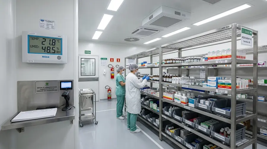 Estantes de armazenamento em aço inox AISI 304 na retaguarda de farmácia em Dourados MS com controle de temperatura e umidade