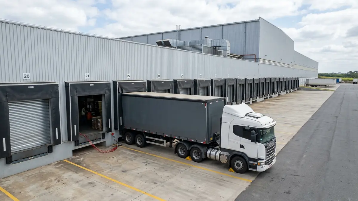 Docas de recebimento de cargas industriais com niveladores de rampa metálicos hidráulicos e caminhões baú posicionados para descarregamento rápido.