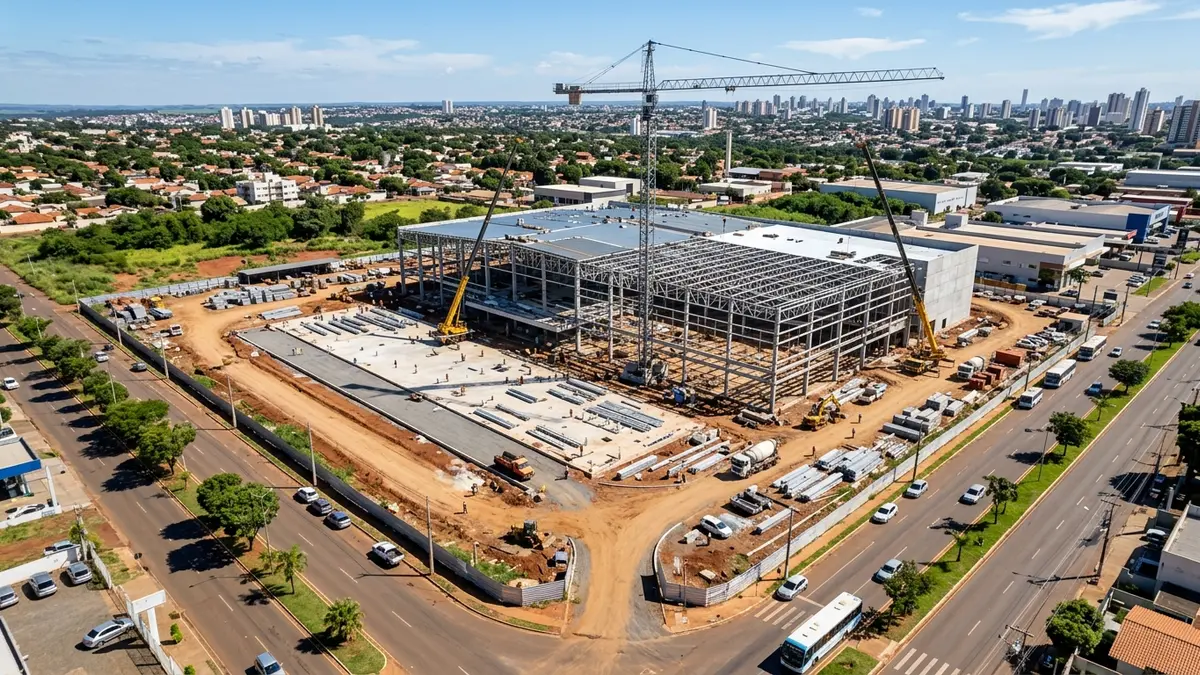 Fachada moderna em construção do novo Atacadão no bairro Tiradentes em Campo Grande, com canteiro de obras organizado e sinalizado.