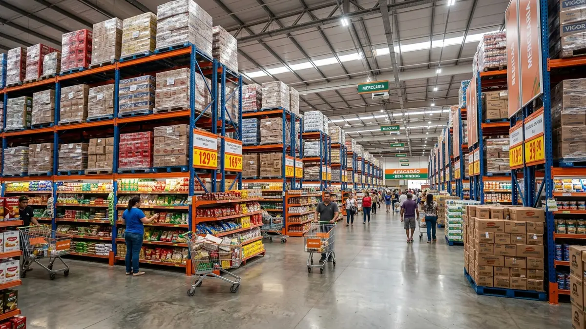 Vista interna de um gigantesco atacarejo em Campo Grande MS, com fileiras de porta-paletes de aço laranja e azul carregados com mercadorias nas alturas.