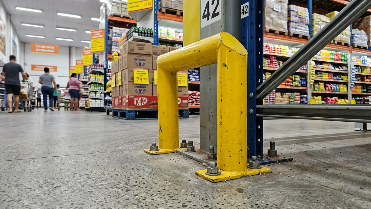 Protetor metálico amarelo de coluna robusto ancorado com parabolts no piso de cimento ao pé da estante estrutural.