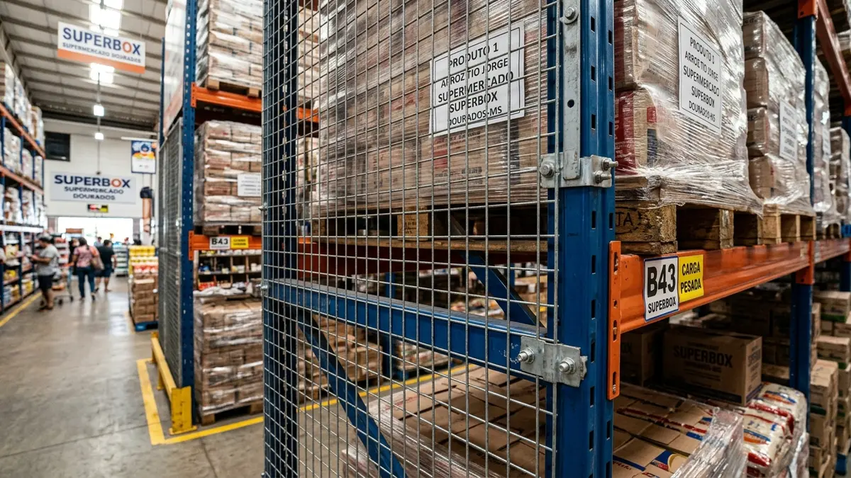 Telas aramadas de segurança galvanizadas instaladas nas costas de estruturas porta-paletes industriais em atacarejo no MS.