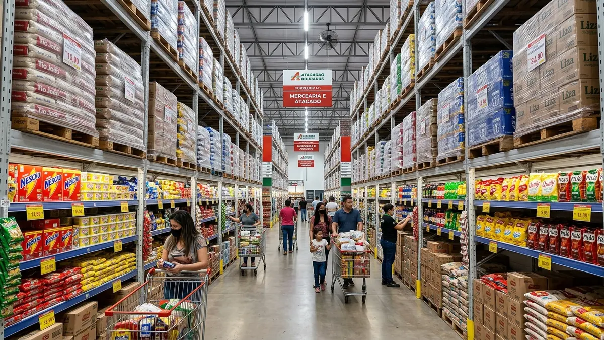 Amplo corredor de supermercado de atacado cash & carry com racks porta-paletes de aço altos em Dourados MS.