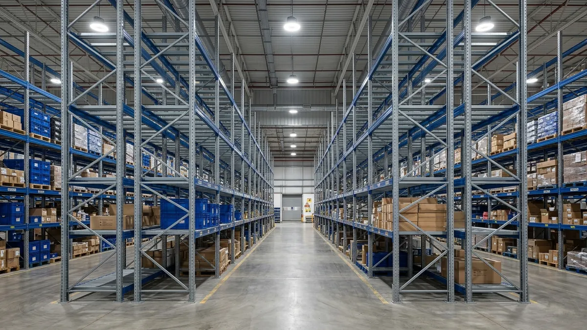 Perspectiva em ângulo simétrico de uma estrutura metálica industrial cinza e azul com iluminação linear superior.