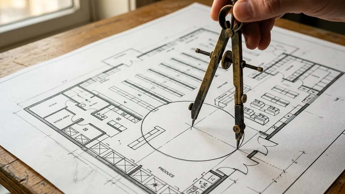 Layout interno de mini-mercado compacto com gôndolas modulares brancas de parede organizadas e corredores limpos.