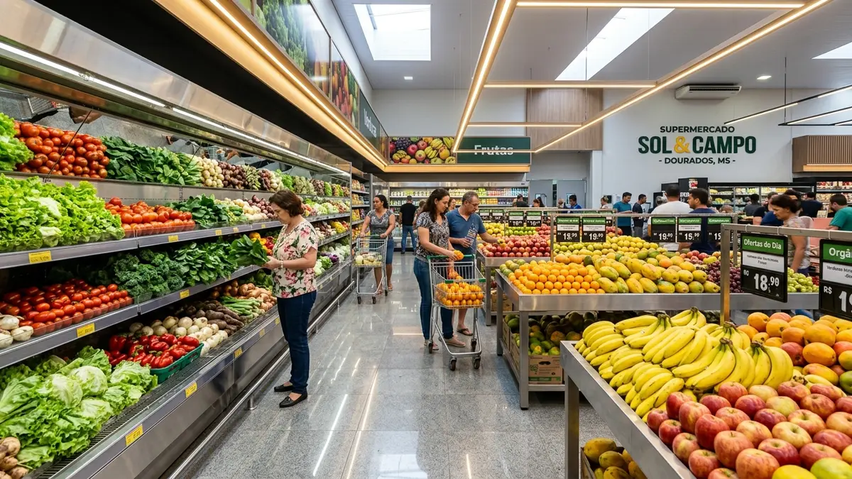 Setor de hortifruti moderno com expositores de aço inox e iluminação LED em supermercado em Dourados MS