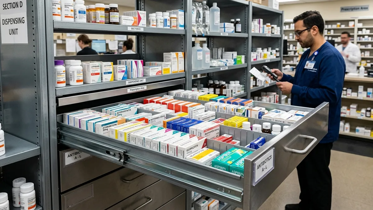 Atendente farmacêutico utilizando gaveteiro técnico de aço acoplado à base da gôndola de parede.