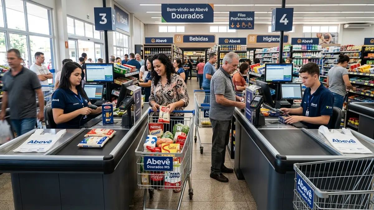 Linha de caixas moderna da rede Abevê em Dourados MS com caixas registrando mercadorias em balcões cinza escuro.