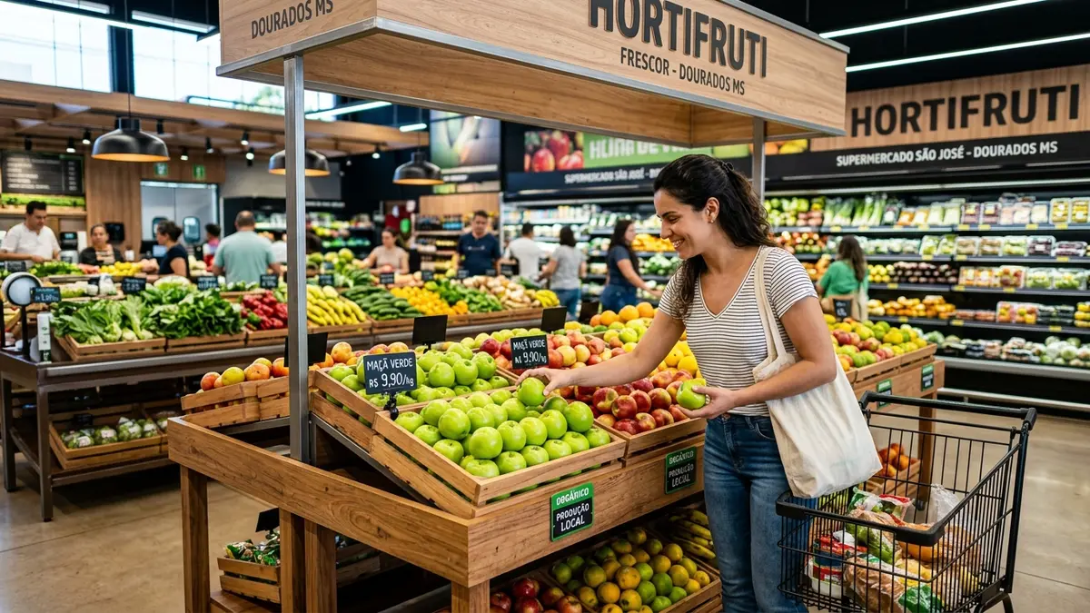 Cliente escolhendo maçãs em banca de madeira e metal no novo setor de hortifruti ampliado em Dourados MS.