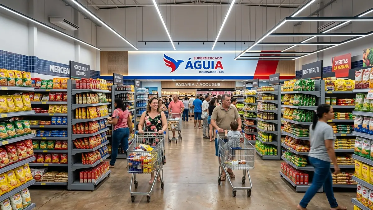 Corredor amplo de supermercado movimentado em Dourados MS, com clientes empurrando carrinhos e gôndolas cinzas preenchidas.