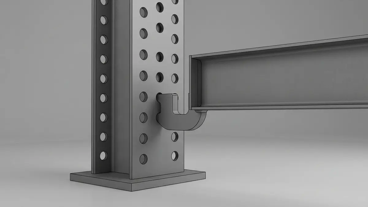 Detalhe técnico aproximado do conector de garra de aço preto de um console de gôndola com pino de trava de segurança cromado.