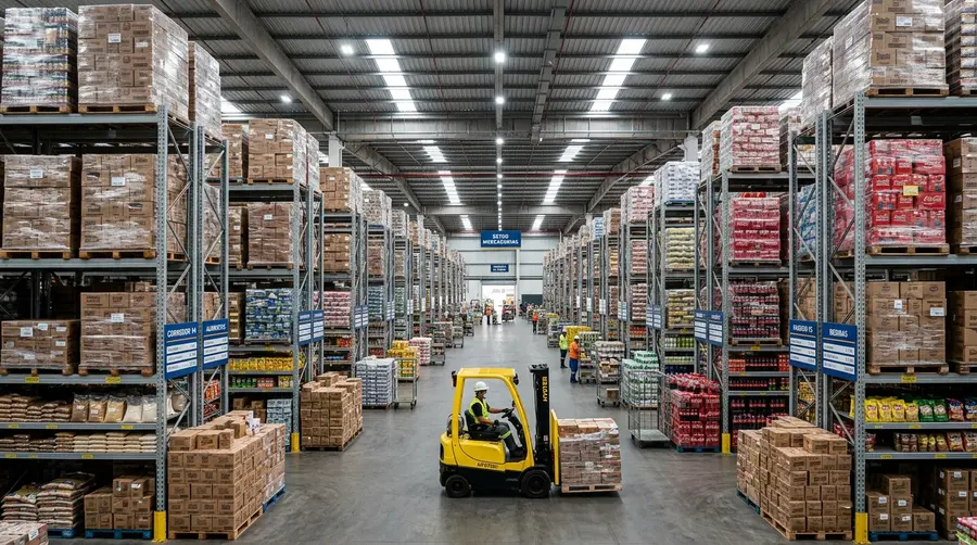 Corredor de gôndolas industriais de alta carga e porta-paletes em grande atacarejo em Campo Grande MS no quarto trimestre de 2026
